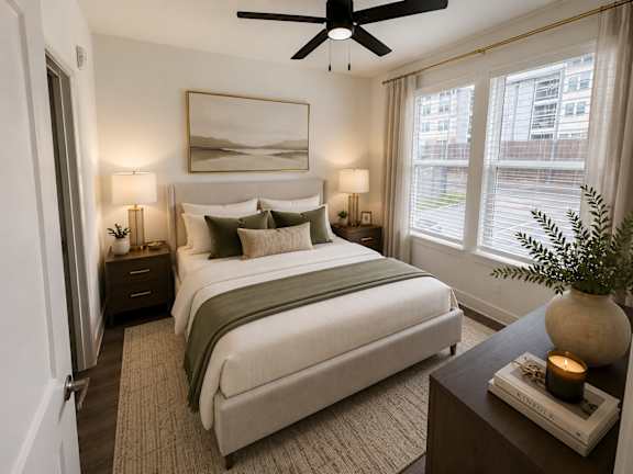 A bedroom with a large bed and a ceiling fan.