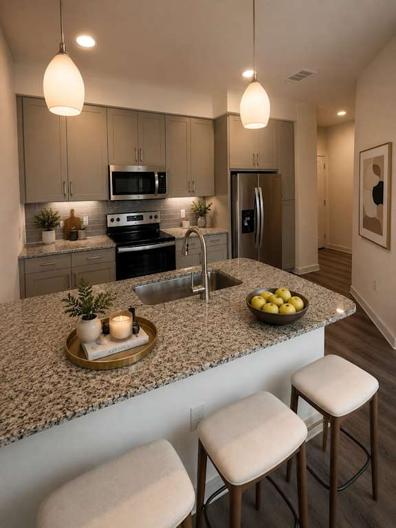 A kitchen with granite countertops and a bowl of lemons on it.