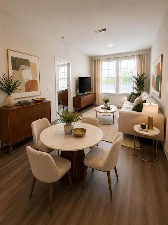 A modern living room with a white couch, a round table, and a television.