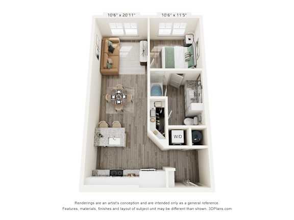 A 3D floor plan of a small apartment with a kitchen, living room, and bathroom.