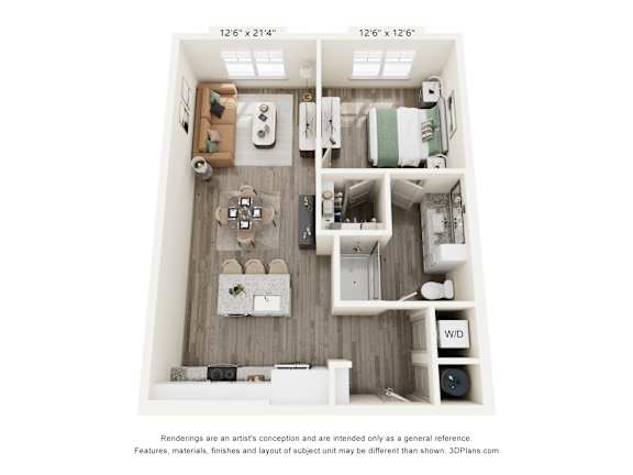 A 3D floor plan of a small apartment with a kitchen, living room, and bathroom.