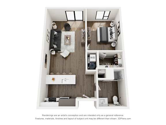 A 3D floor plan of a small apartment with a kitchen, living room, and bedroom.
