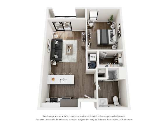 A 3D floor plan of a small apartment with a kitchen, living room, and bedroom.
