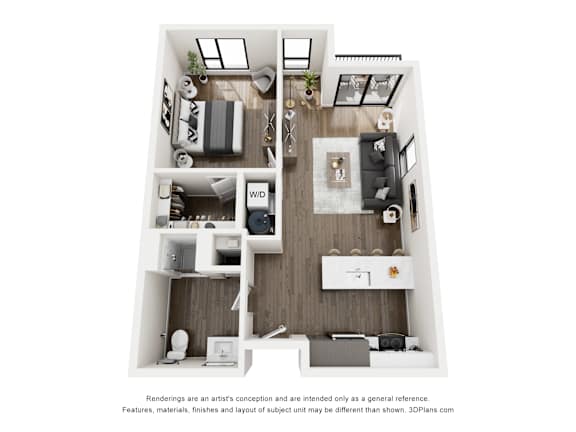 A 3D floor plan of a small apartment with a kitchen, living room, and bedroom.