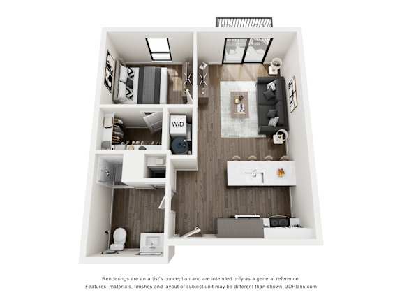 A 3D floor plan of a small apartment with a kitchen, living room, and bathroom.