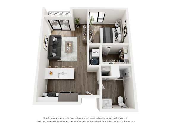 A 3D floor plan of a small apartment with a kitchen, living room, and bedrooms.