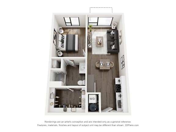 A 3D floor plan of a small apartment with a kitchen, living room, and bathroom.
