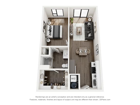 A 3D floor plan of a small apartment with a kitchen, living room, and bathroom.