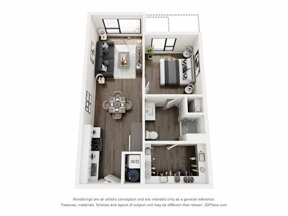 A 3D floor plan of a small apartment with a kitchen, living room, and bathroom.