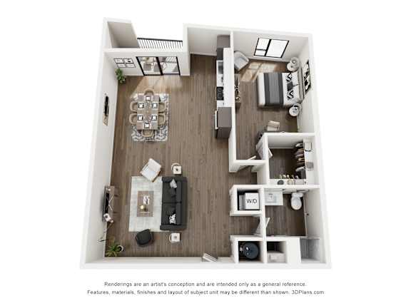 A 3D floor plan of a small apartment with a kitchen, living room, and bedroom.
