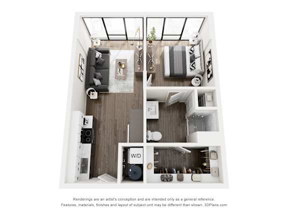 A 3D floor plan of a small apartment with a kitchen, living room, and bathroom.