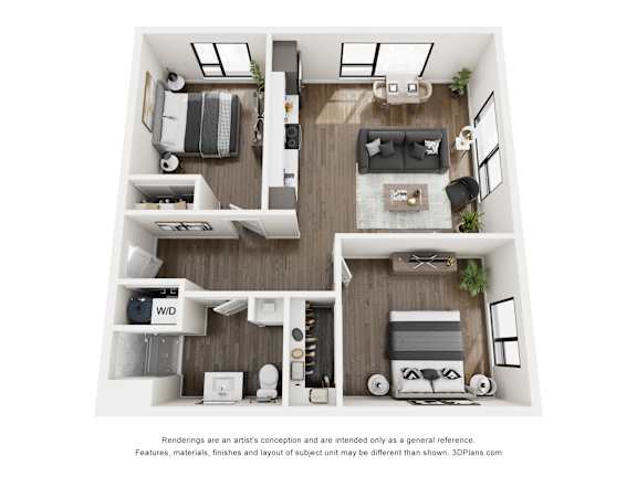 A 3D floor plan of a small apartment with a kitchen, living room, and bedroom.