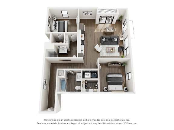A 3D floor plan of a house with a kitchen, living room, and two bedrooms.