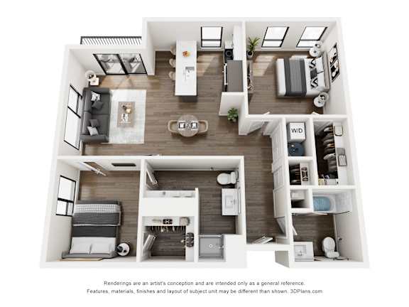 A 3D floor plan of a small apartment with a kitchen, living room, and bedrooms.