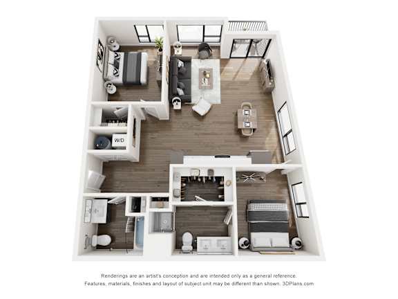 A floor plan of a two-bedroom apartment with a living room, kitchen, and bathroom.
