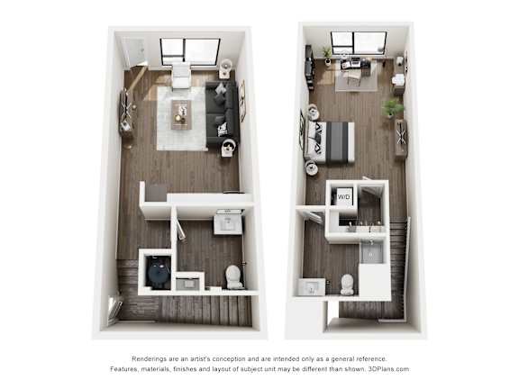 Two images of a small apartment with a kitchen, living room, and bathroom.
