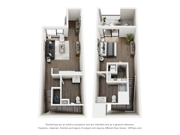 A floor plan of a two-story apartment with a living room, kitchen, and bedrooms.