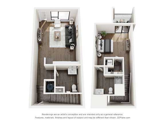 A floor plan of a two-bedroom apartment with a living room, kitchen, and bathroom.