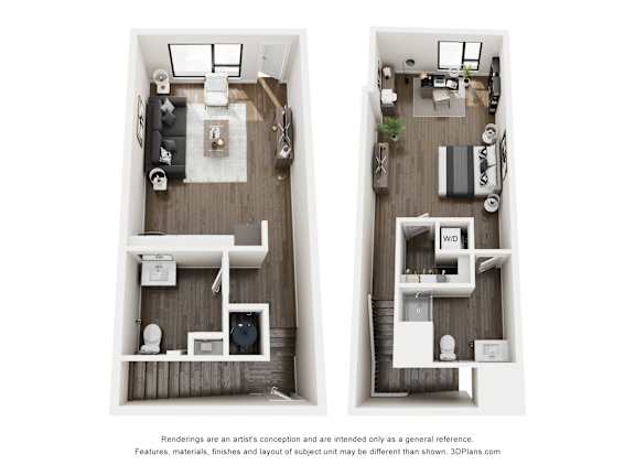 Two floor plans of a house with a kitchen, living room, and bathroom.