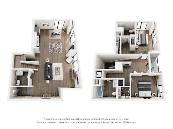 A floor plan of a two-story apartment with a living room, kitchen, and bedrooms.