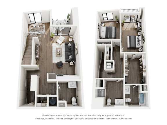 Two floor plans of a house with a kitchen, living room, and bedrooms.