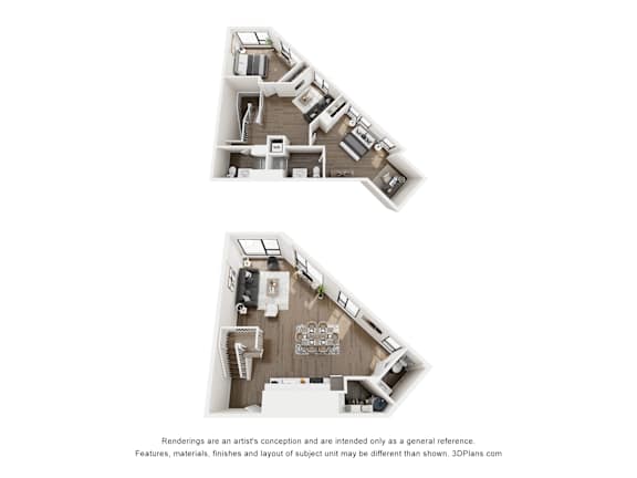 A 3D floor plan of a house with two levels.