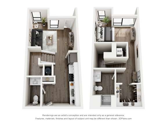Two images of a small apartment layout with a kitchen, living room, and bathroom.