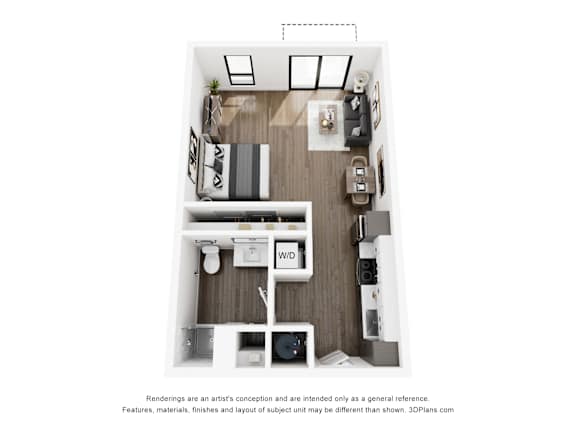 A 3D floor plan of a small apartment with a kitchen, living room, and bathroom.