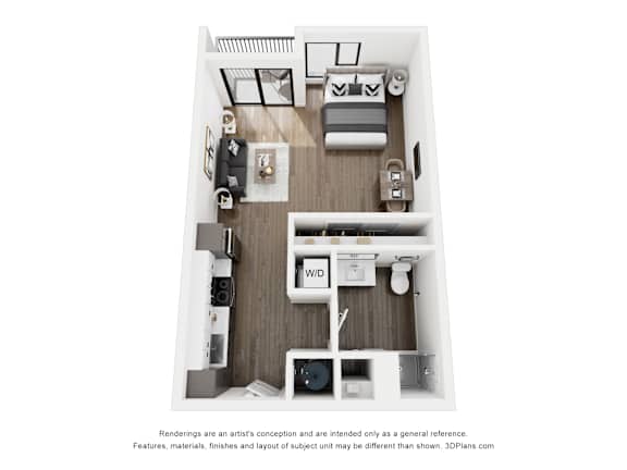A 3D floor plan of a small apartment with a kitchen, living room, and bedroom.