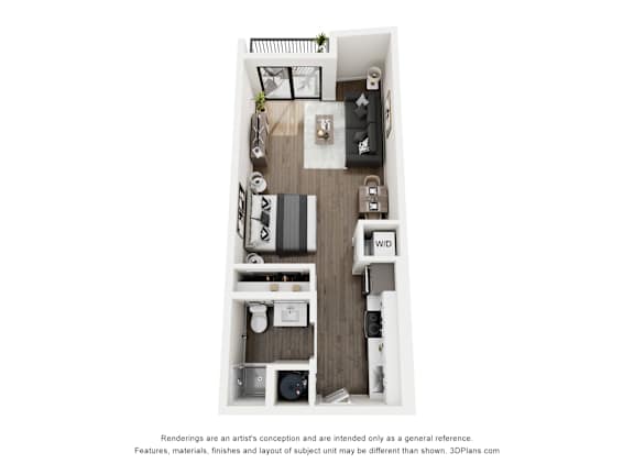 A 3D floor plan of a small apartment with a kitchen, living room, and bathroom.