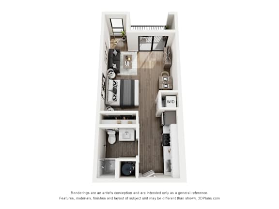 A 3D floor plan of a small apartment with a kitchen, living room, and bathroom.
