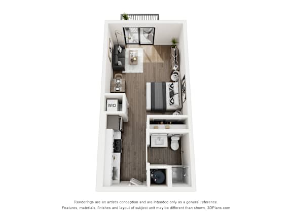 A 3D floor plan of a small apartment with a kitchen, living room, and bathroom.