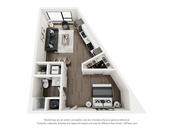 A 3D floor plan of a small apartment with a kitchen, living room, and bedroom.