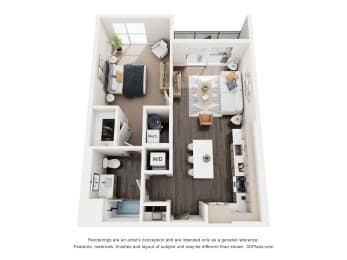 A floor plan of a small apartment with a kitchen, living room, and two bedrooms.