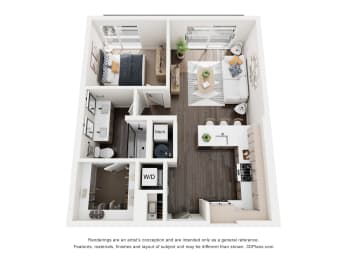 A floor plan of a small apartment with a kitchen, living room, and bathroom.