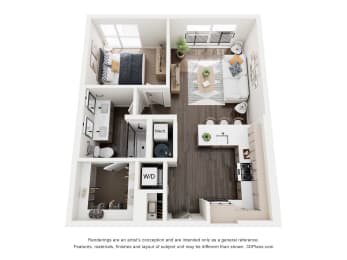A floor plan of a small apartment with a kitchen, living room, and two bedrooms.