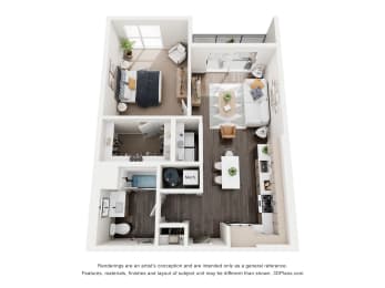 A floor plan of a small apartment with a kitchen, living room, and two bedrooms.