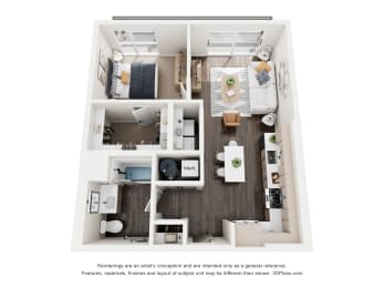 A floor plan of a small apartment with a kitchen, living room, and two bedrooms.