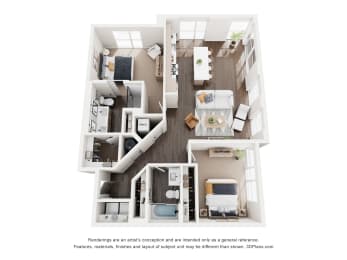 A floor plan of a two-story home with a living room, two kitchens, and two bathrooms.