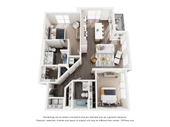 A floor plan of a two-bedroom apartment with a living room, kitchen, and bathroom.