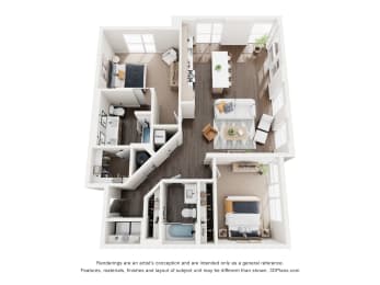 A floor plan of a two-bedroom apartment with a living room, kitchen, and bathroom.