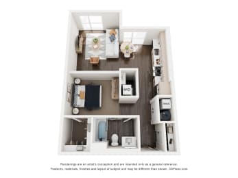 A floor plan of a small apartment with a kitchen, living room, and bathroom.