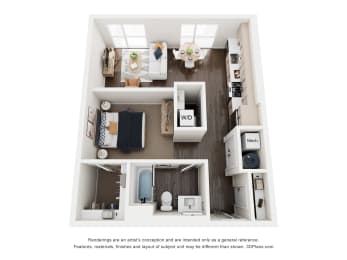 A floor plan of a small apartment with a kitchen, living room, and bathroom.