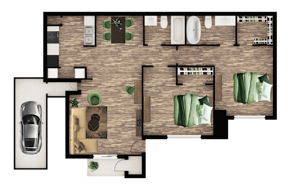 A top-down view of a house layout with a car parked outside.