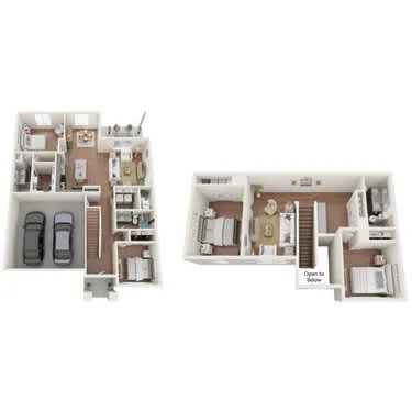 A floor plan of a two-story home with a garage and a living room on the first floor and a bedroom on the second floor.
