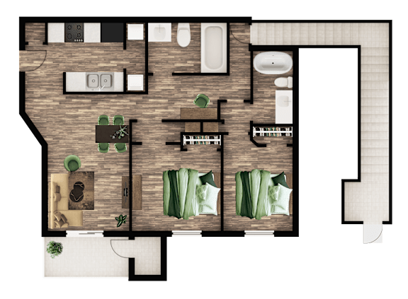 A floor plan of a house with a kitchen, living room, and bathrooms.