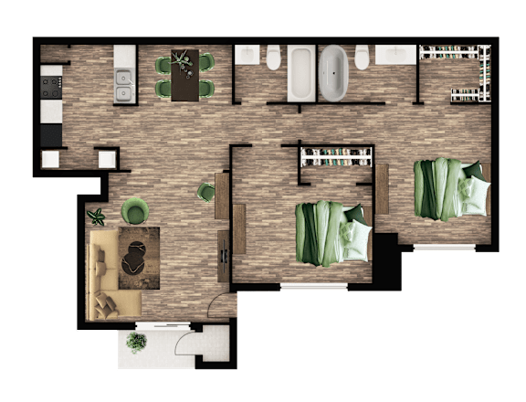A floor plan of a house with a kitchen, living room, and dining area.