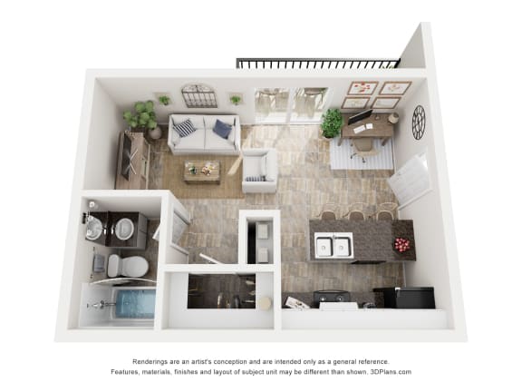 a 3d floor plan of a bedroom with a living room
