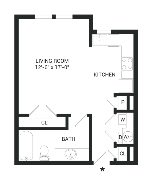 A floor plan of a small apartment with a living room, kitchen, bathroom, and closet.