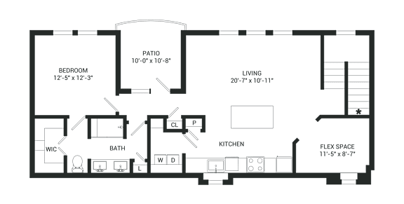 A floor plan of a house with a living room, kitchen, bedroom, and bathroom.